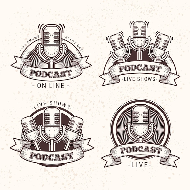 Bezpłatny wektor kolekcja logo podcastu w stylu vintage