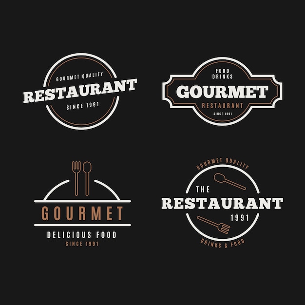Bezpłatny wektor kolekcja logo retro restauracja na czarnym tle