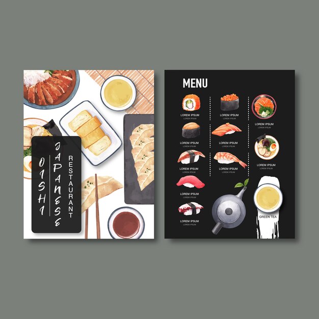 Kolekcja menu sushi dla restauracji. szablon z ilustracjami akwarela żywności.