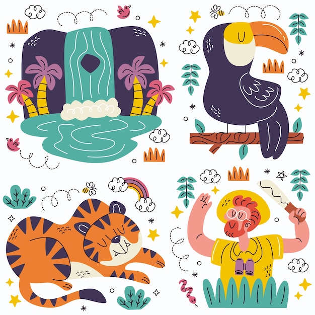 Bezpłatny wektor kolekcja naklejek z dżungli doodle