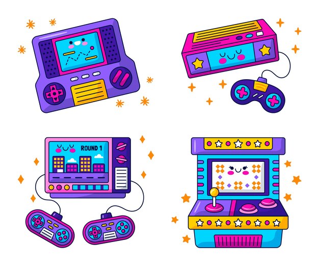 Kolekcja naklejek z grami wideo Kawaii w stylu retro