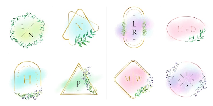 Bezpłatny plik Wektor kolekcja naturalnych i organicznych logo dla brandingu, identyfikacji wizualnej. złota rama z kwiatowym w stylu przypominającym akwarele