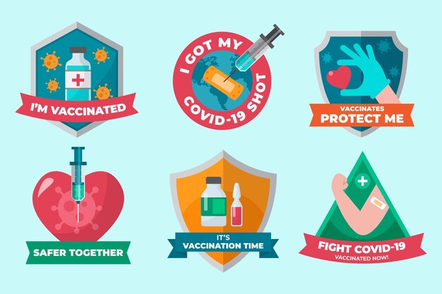 Bezpłatny wektor kolekcja odznak ekologicznych płaskich kampanii szczepień