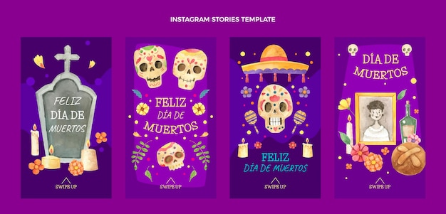 Bezpłatny wektor kolekcja opowiadań akwarelowych dia de muertos na instagramie