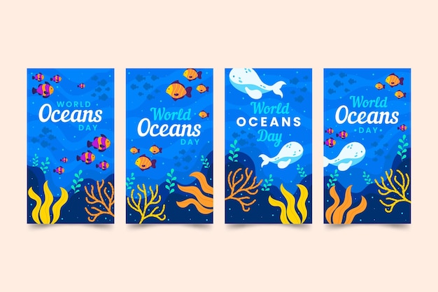 Kolekcja opowiadań na instagramie z płaskim światowym dniem oceanów