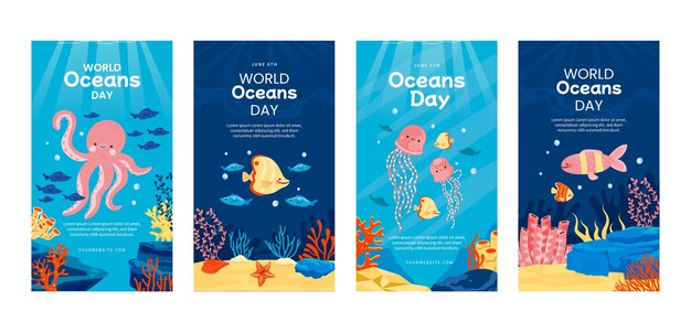 Kolekcja opowiadań na instagramie z płaskim światowym dniem oceanów