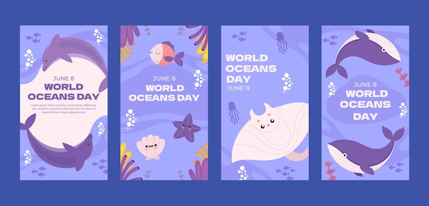 Bezpłatny wektor kolekcja opowiadań na instagramie z płaskim światowym dniem oceanów