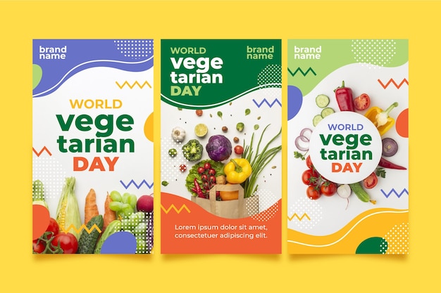 Kolekcja opowiadań na instagramie z płaskim światowym dniem wegetariańskim ze zdjęciem
