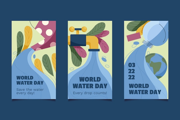 Bezpłatny wektor kolekcja opowiadań na instagramie z płaskim światowym dniem wody