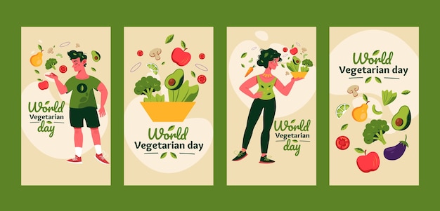 Bezpłatny wektor kolekcja opowiadań na temat płaskiego świata wegetariańskiego na instagramie