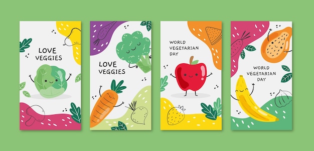 Bezpłatny wektor kolekcja opowiadań na temat płaskiego świata wegetariańskiego na instagramie