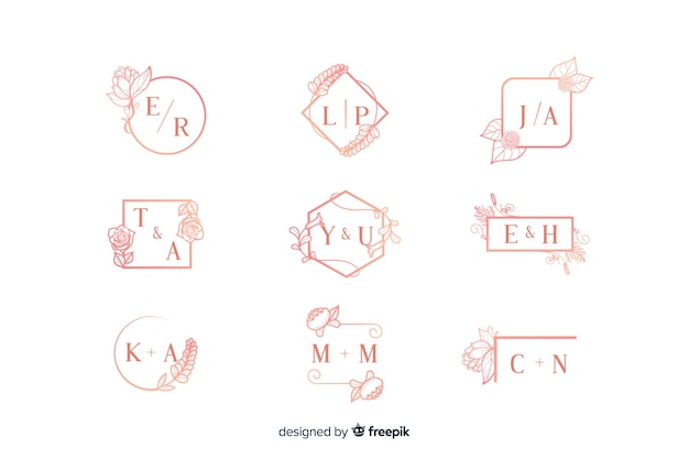Bezpłatny wektor kolekcja ozdobnych monogram różowy ślub