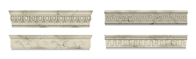 Kolekcja Pękniętych Starożytnych Gzymsów Marmurowych Z Klasycznym Wzorem Na Białym Tle Realistyczne Ilustracji Wektorowych
