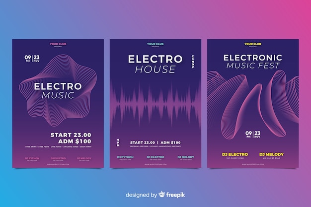 Bezpłatny wektor kolekcja plakatów muzyki elektronicznej wave sound