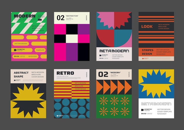 Kolekcja plakatów o nowoczesnej estetyce. szwajcarski projekt wektor wzór. minimalistyczne plakaty geometryczne. kreatywne szablony z abstrakcyjnymi kształtami na okładkę, broszurę, ulotkę i baner.