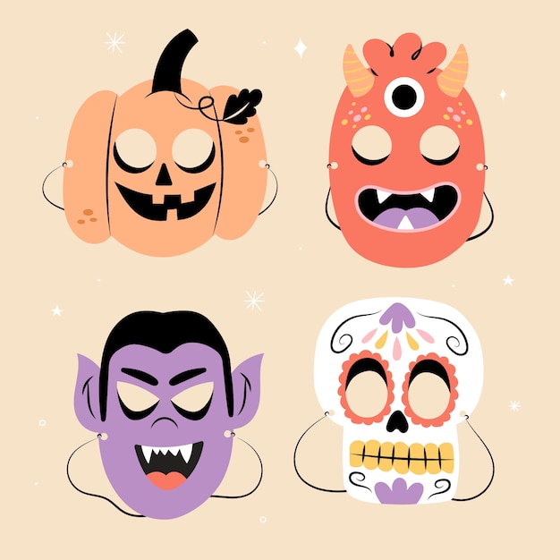 Kolekcja Płaskich Elementów Maski Halloween