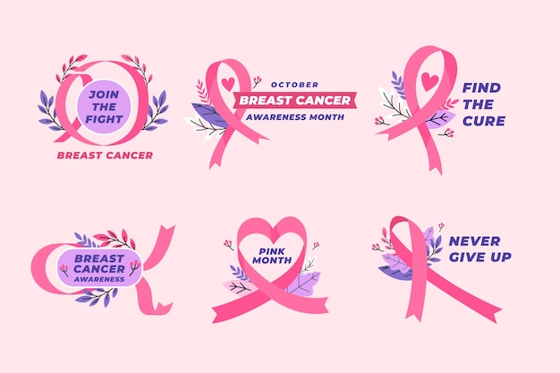 Bezpłatny wektor kolekcja płaskich etykiet miesiąca świadomości raka piersi