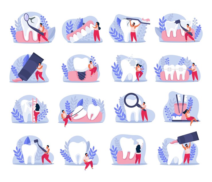 Bezpłatny plik Wektor kolekcja płaskich ikon zdrowia zębów z odosobnionymi kompozycjami instrumentów obrazów zębów i ilustracji wektorowych doodle ludzkich postaci