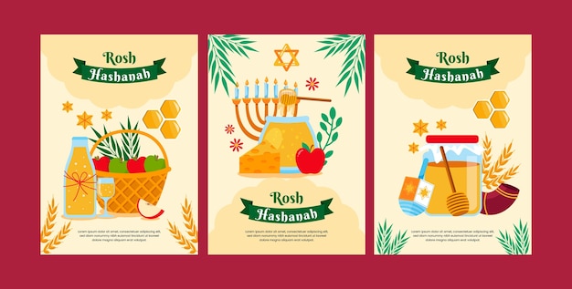 Bezpłatny wektor kolekcja płaskich kart okolicznościowych na obchody żydowskiego nowego roku rosz haszana