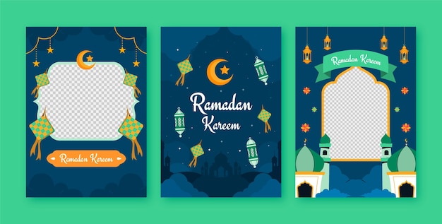 Bezpłatny wektor kolekcja płaskich kart z pozdrowieniami na święto ramadanu islamskiego