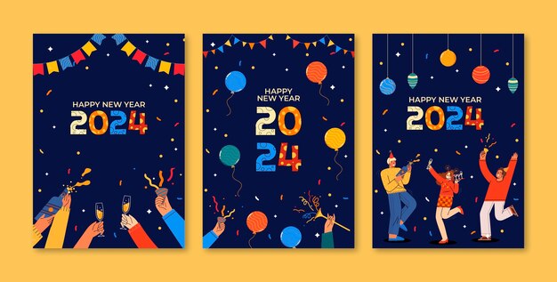 Kolekcja płaskich kart z pozdrowieniami na świętowanie nowego roku 2024