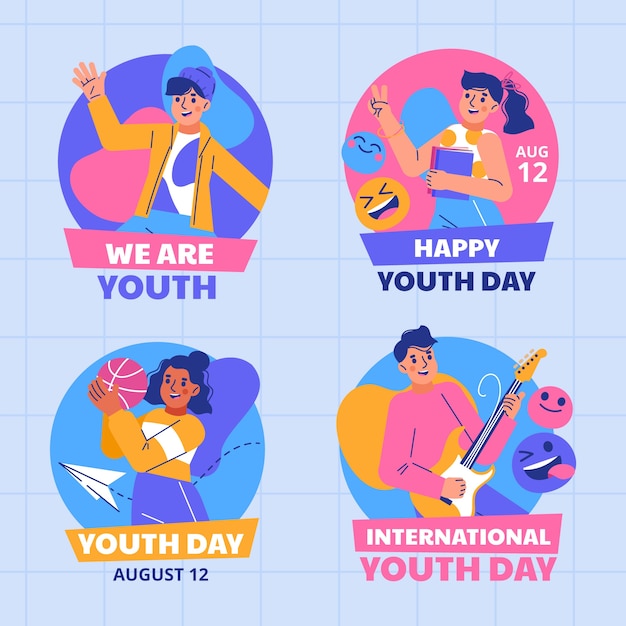Kolekcja Płaskich Międzynarodowych Etykiet Na Dzień Młodzieży