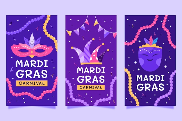 Bezpłatny wektor kolekcja płaskich opowiadań na instagramie mardi gras