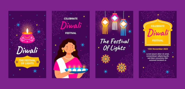 Bezpłatny wektor kolekcja płaskich opowiadań na instagramie z okazji festiwalu diwali