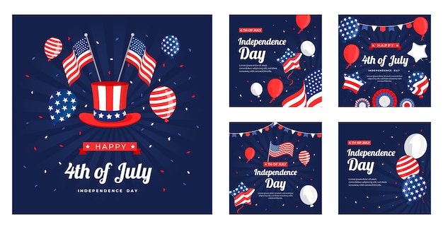 Bezpłatny wektor kolekcja płaskich postów na instagramie na amerykańskie obchody 4 lipca