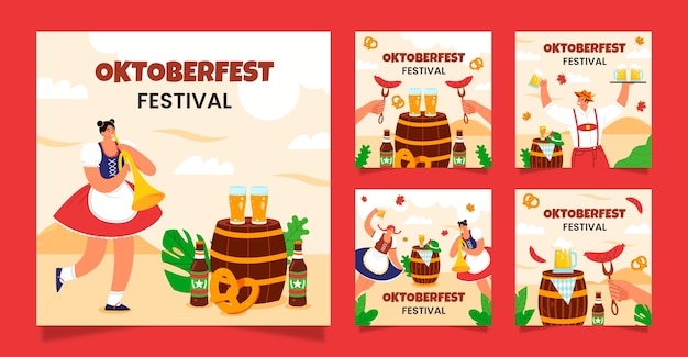 Bezpłatny wektor kolekcja płaskich postów na instagramie na obchody festiwalu piwa oktoberfest