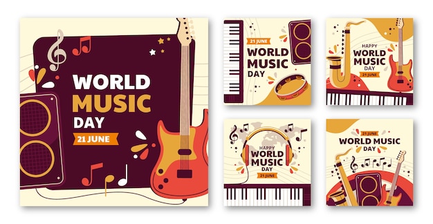 Bezpłatny wektor kolekcja płaskich postów na instagramie na obchody światowego dnia muzyki