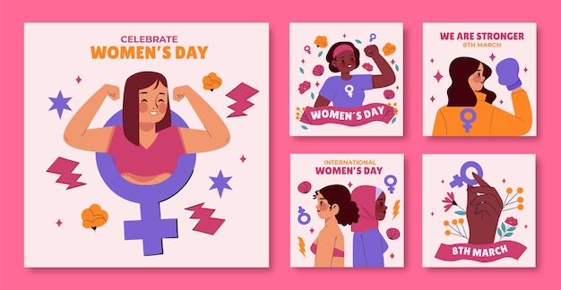 Kolekcja Płaskich Postów Na Instagramie Na świętowanie Międzynarodowego Dnia Kobiet.
