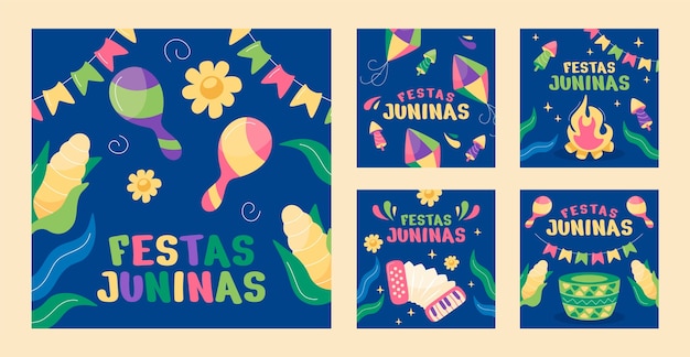 Bezpłatny wektor kolekcja płaskich postów na instagramie z okazji brazylijskich obchodów festas juninas