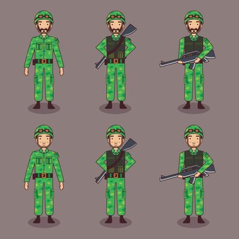 Kolekcja postaci z kreskówek wojskowych niosących broń w różnych pozach