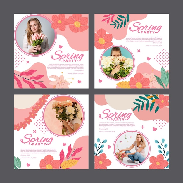 Bezpłatny wektor kolekcja postów na instagramie na wiosenne przyjęcie z kobietą i kwiatami