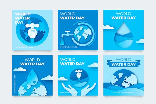Bezpłatny wektor kolekcja postów na instagramie w stylu papierowego dnia wody