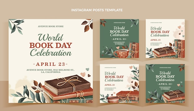 Kolekcja Postów Na Instagramie Z Akwarela światowego Dnia Książki Premium Wektorów