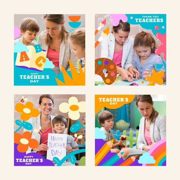 Kolekcja postów na instagramie z płaskim nauczycielem ze zdjęciem
