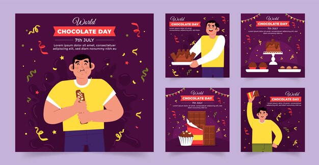 Bezpłatny wektor kolekcja postów na instagramie z płaskim światowym dniem czekolady