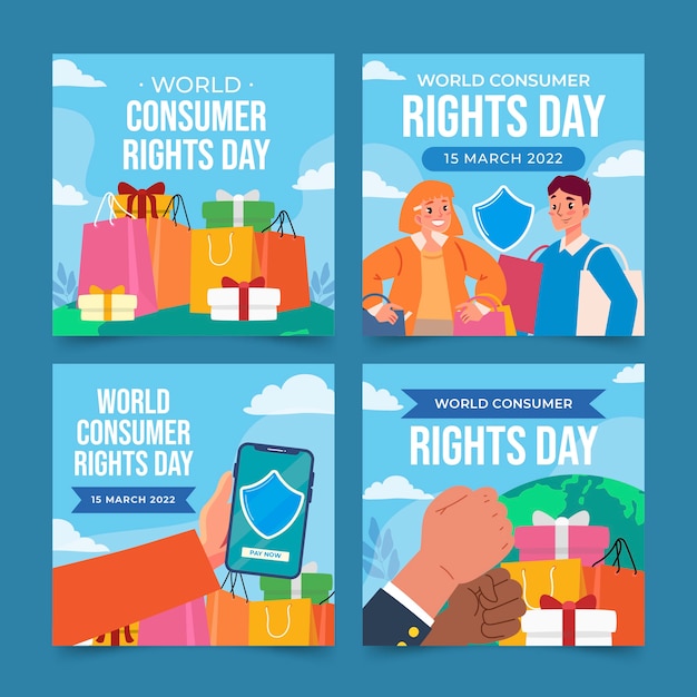 Bezpłatny wektor kolekcja postów na instagramie z płaskim światowym dniem praw konsumenta