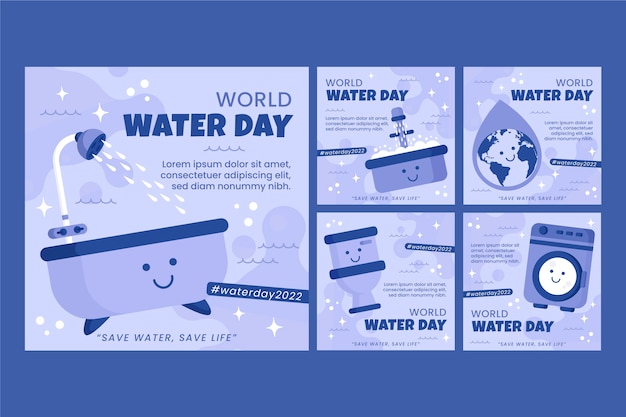 Bezpłatny wektor kolekcja postów na instagramie z płaskim światowym dniem wody