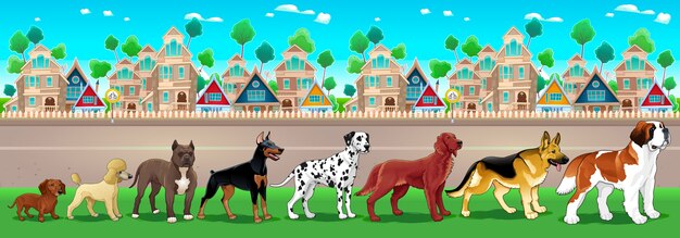 Kolekcja psów czystej krwi wyrównana na widok miasta Wektor cartoon ilustracji