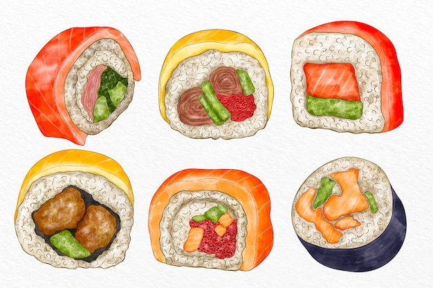Bezpłatny wektor kolekcja ręcznie malowanych sushi