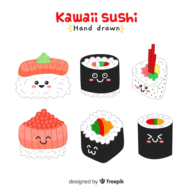 Bezpłatny wektor kolekcja ręcznie rysowane sushi kawaii