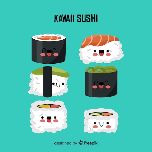 Bezpłatny wektor kolekcja ręcznie rysowane sushi kawaii