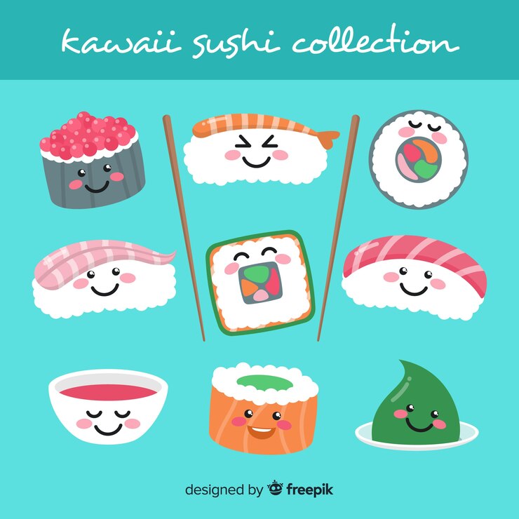 Bezpłatny plik Wektor kolekcja ręcznie rysowane sushi kawaii