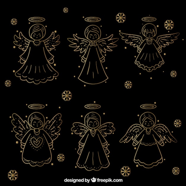 Bezpłatny wektor kolekcja ręcznie rysowane złote boże narodzenie anioły