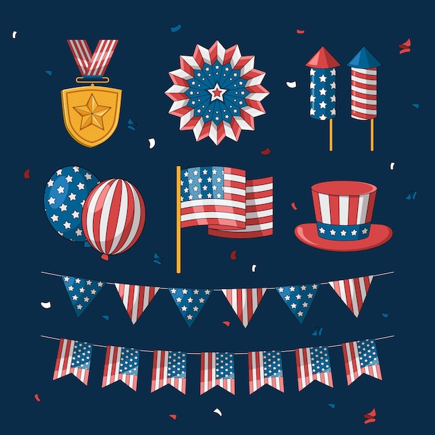 Bezpłatny wektor kolekcja ręcznie rysowanych elementów na amerykańskie obchody 4 lipca