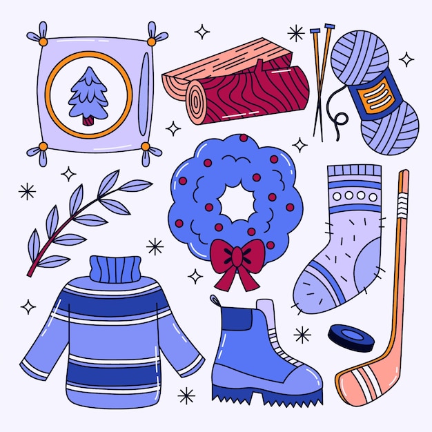 Bezpłatny wektor kolekcja ręcznie rysowanych elementów na sezon zimowy