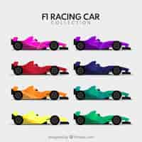 Bezpłatny wektor kolekcja samochodów wyścigowych formuły 1 w różnych kolorach